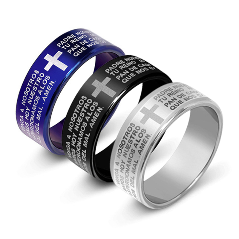 Trendy Men's Ring Stainless Steel Black Color Jesus Cross Ring Letter Bible Verse Prayer Finger Rings For Men 7mm Amulet Jewelry