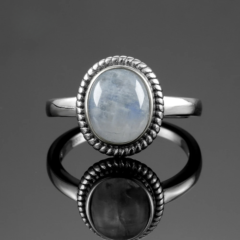 S925 Silver Ring 8x10MM Oval Natural Moonstone Vintage Rings High Quality Fashion Women's Fine Jewelry