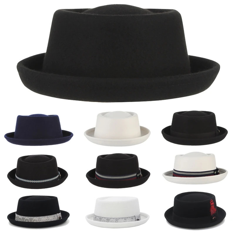 100% Wool Pork Pie Fedora Hat for Women Men Autumn Winter Felt Curved Brim Porkpie 241202