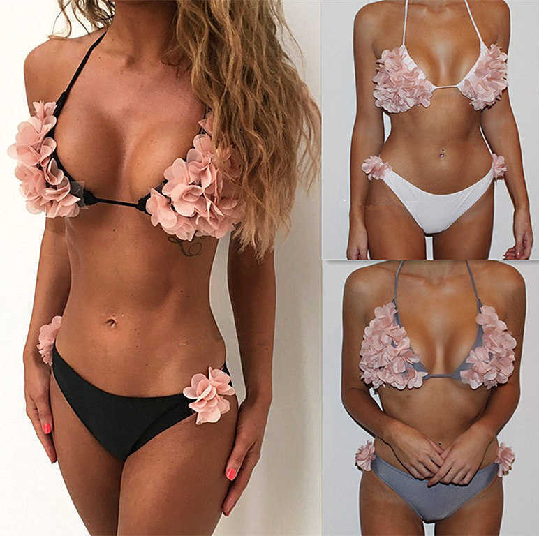 Black Flower Bikini Set Halter Petal Bikini Sexy Seduction Sexy Underwear Ladies Swimsuit T241202-image-722804233