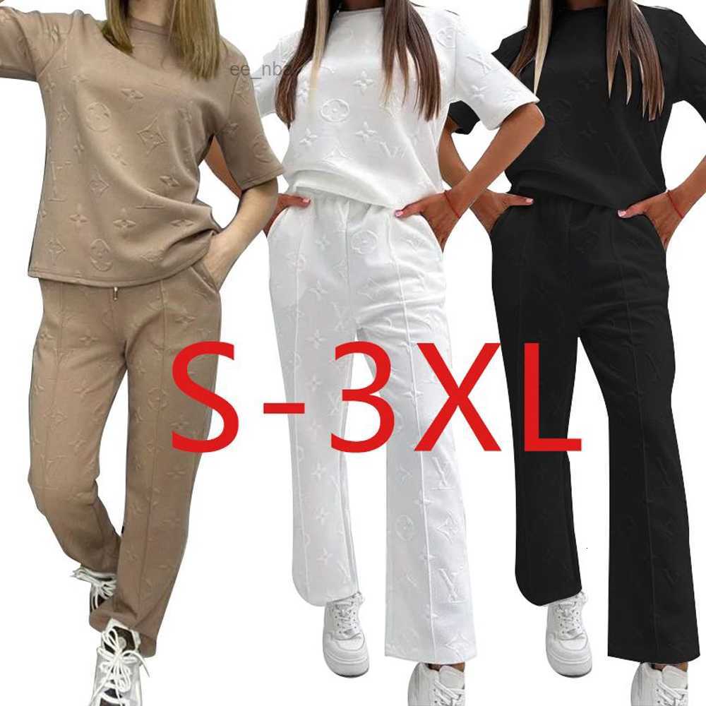Designer brand womens suit embroidered letter short-sleeved T-shirt + casual wide-leg trousers gray pink army green black S-3XL