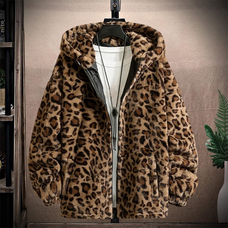 Men Parkas Leopard Print Long Sleeve Pockets Hooded Jacket Zipper Clre Thickened Doublesided Plush Male Outerwear For Winter y241121Z