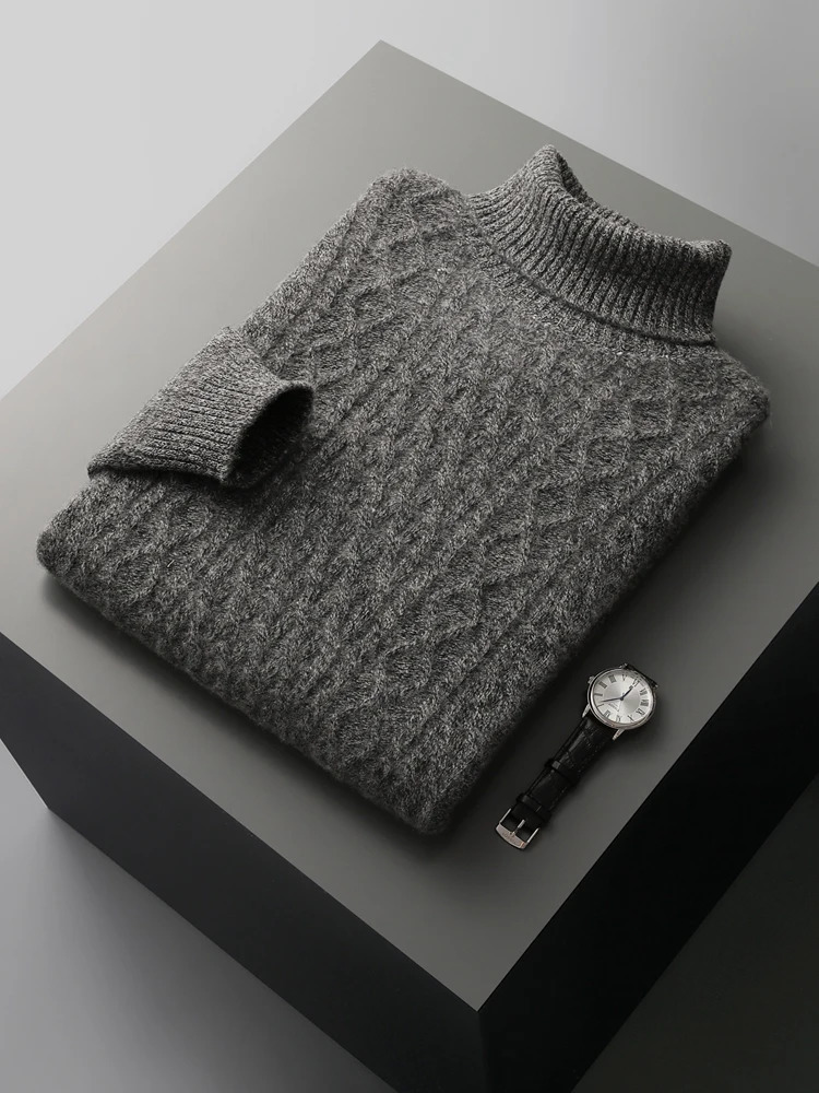 Qiku Mens Turtle Neck Cashmere Sweater Autumn Thick Pulled 100% Merino Wool Knitted Cable Knitted Warm Casual Top 241202