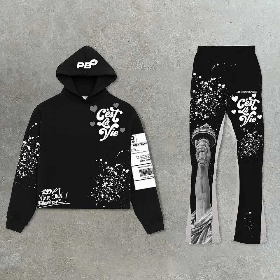 Men's Tracksuits Y2K Autumn/Winter Hoodie Set Flared Trouser Oversized Mens Fashion Trend Street Pants Casual Set 2024 Q241203