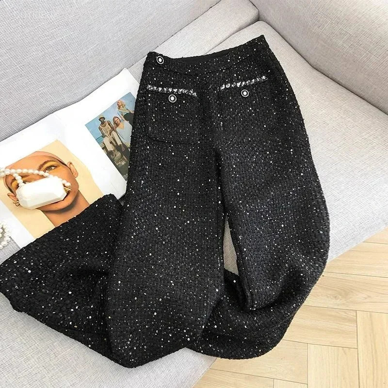 Pantalon de survêtement Cargo en Tweed noir, taille haute, Slim, droit, jambes larges, 241203