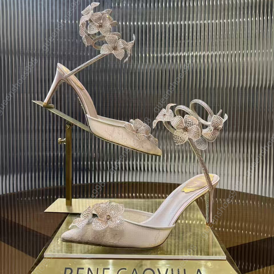 2025 Fashion Designer Sandals with Water Diamond Flower Decoration Ankle Buckle Women 7.5cm Formal High heel Shoes Lace Hollow Classic Wedding Sh-image-912999045