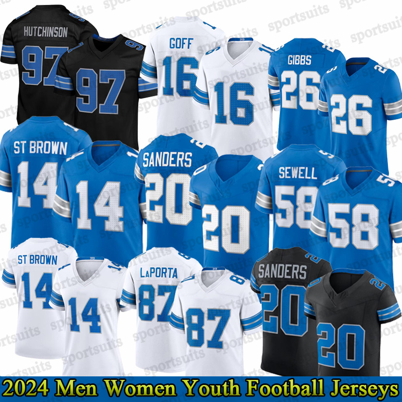 2024 New Football Jersey 97 Adan 73 Jackson 26 Gibbs 14 St. Brown 32 Swift 70 Skipper pour hommes cousus