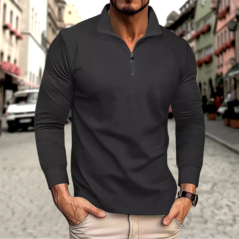 Business Casual Mens Polo Long Slve Tshirt spring and autumn Twill jacquard zipper polo shirt Comfortable Breathable Top 241203 L260612
