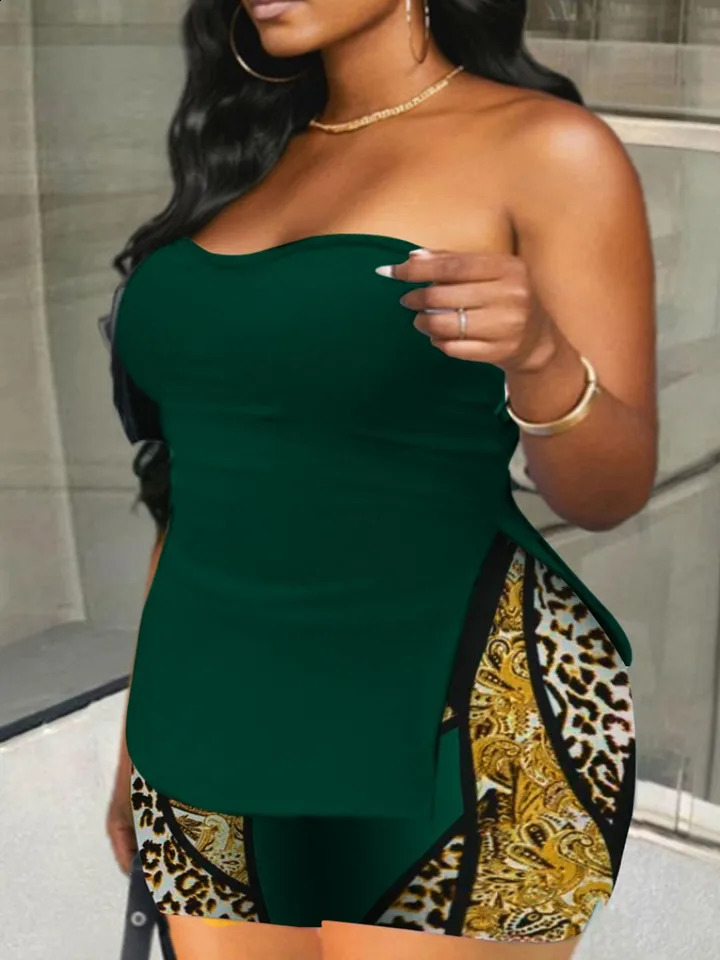 LW sexy Plus Size Off The Shoulder Split Shorts Set Women Strapless Tops Print Bottoms Matching Outfits Summer Causal Sets 241203Y