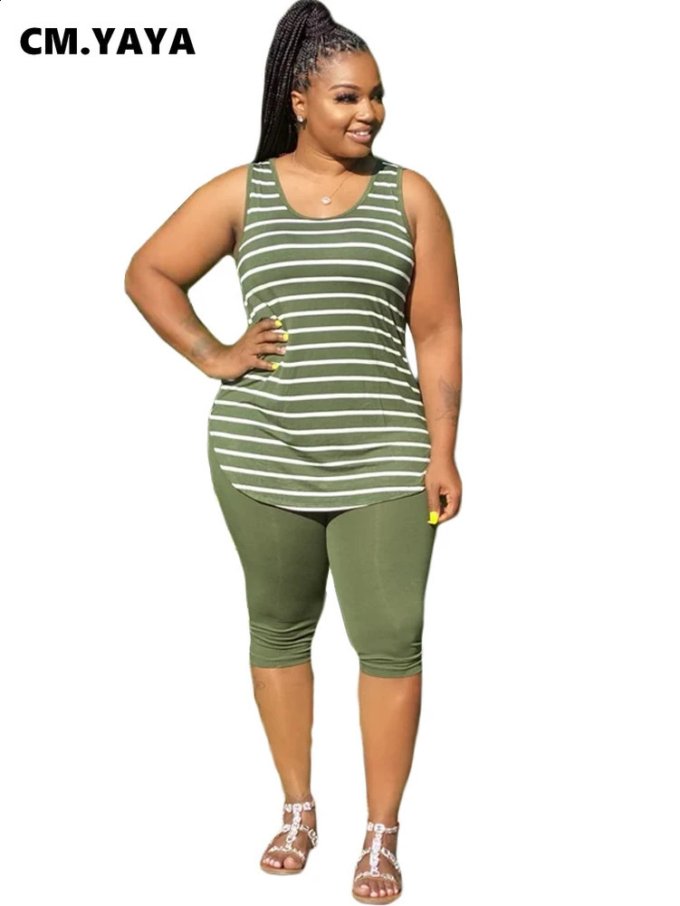 CMYAYA Women Plus Size XL5XL Sport two piece set Tracksuit Striped Tank Tops Knee Length jogger Suit Sweatpants Matching Set 241203Z