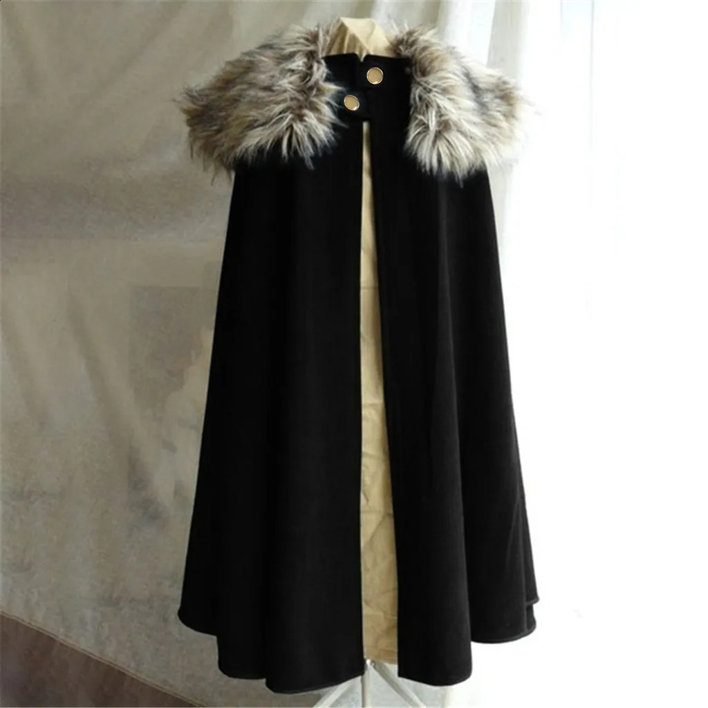 Plus Size Loose Fur Collar Long Cloak Gothic Medieval Cape Mens Black Halloween Costume Winter High Quality Warm Windproof Coat 241202Z