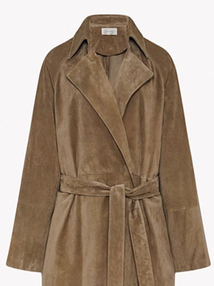 Th~row women's clothing 25 autumn and winter new item lace up loose grey brown leather coat coat waist high end coat