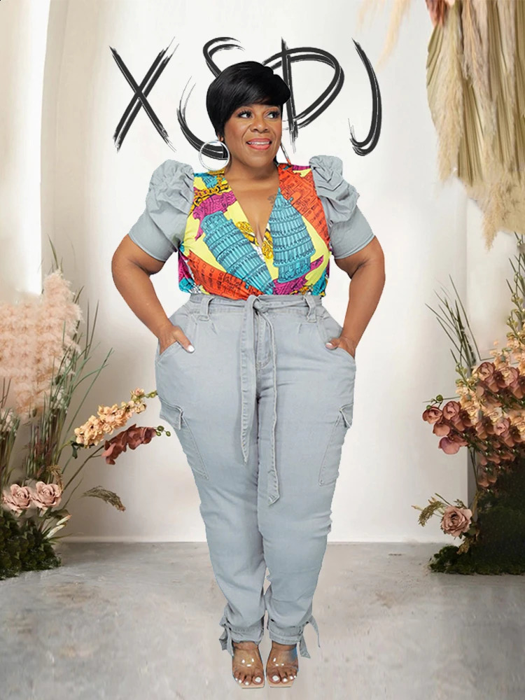 Two Peice Set for Women Matching Sets Puff Sleeve Denim Top and Jeans Summer Elegant Suits Plus Size Wholesale Drop 241203Z