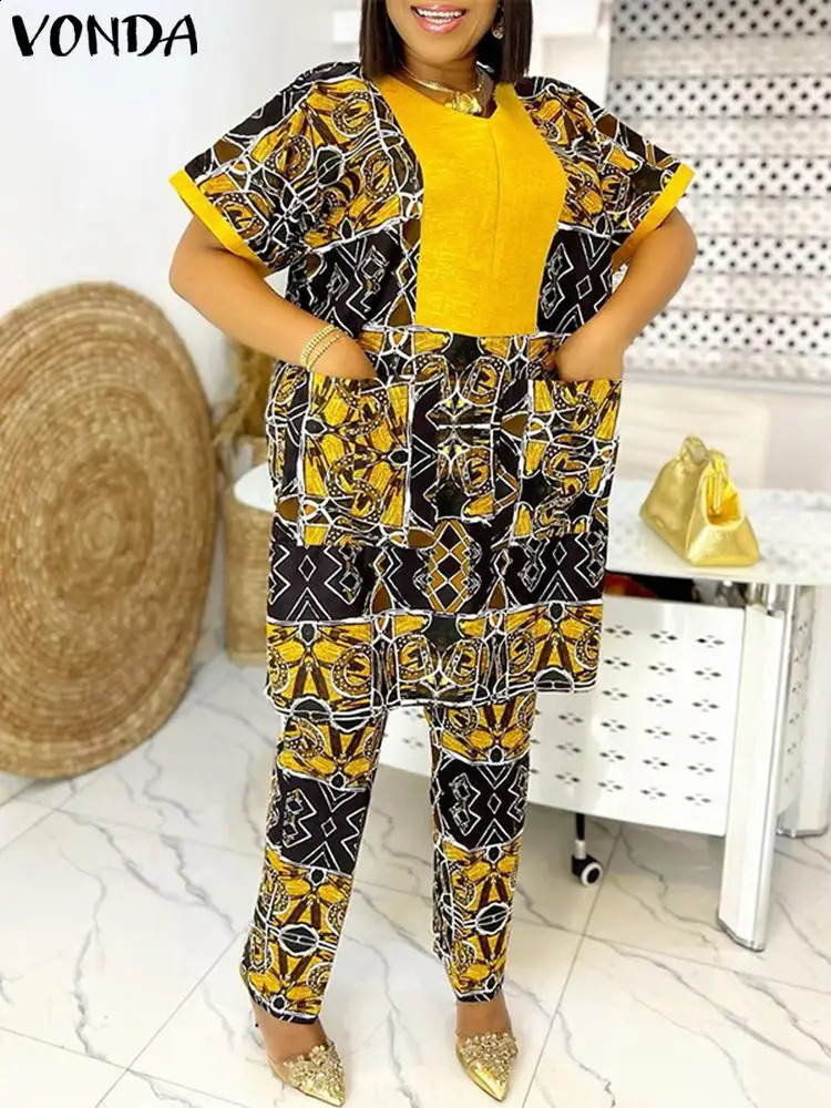 Plus Size Women Pants Sets 2024 Summer V Neck Short Sleeve Printed Party Suits VONDA Sexy Pocket Matching Loose Clothing 241203Z