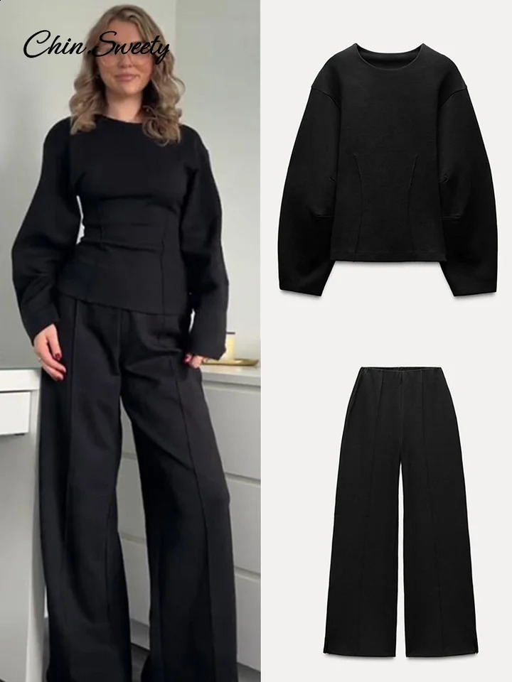 Casual Womens 2piece Solid Pants Sets Long Sleeve Oneck Sweatshirts Wide Leg Pleated Trousers 2024 Autumn Lady Lazy Tracksuit 241202Z