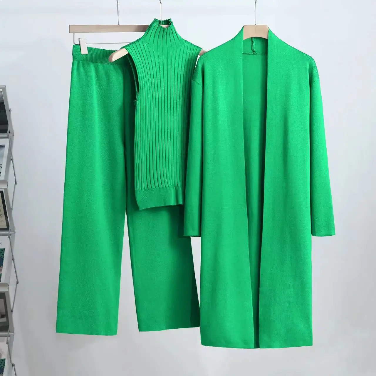 2024 Autumn Winter 3 Piece Set Women Knitted Solid Sweater Suit Vintage Cardigan Tracksuits Pant Ladies 241202Z