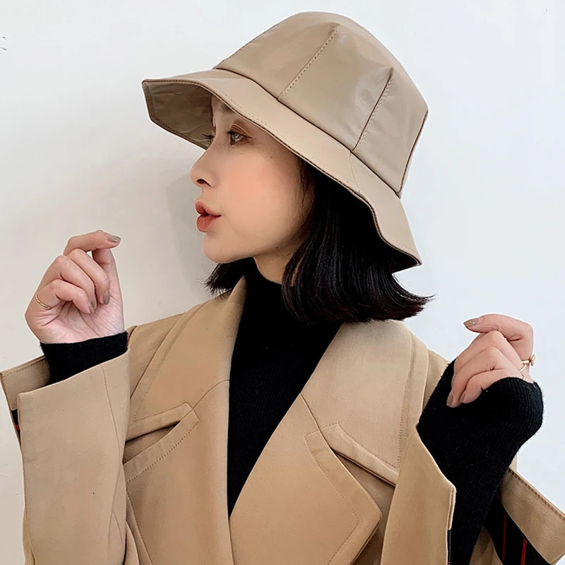 Autumn and winter leather hat womens Western fashion ingredient bucket sheepskin hat womens outdoor leisure basin sun hat 241205