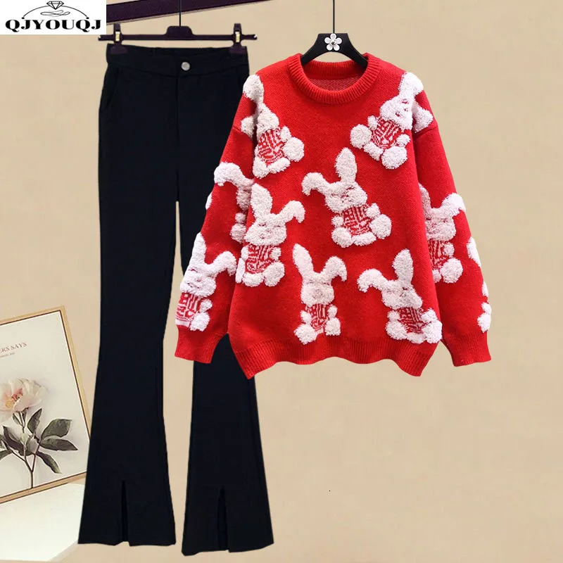 Winter Womens Set 2024 Fashionable Aging Knitted Sweater High Waist flared Pants Two Piece Trendy 241202Z