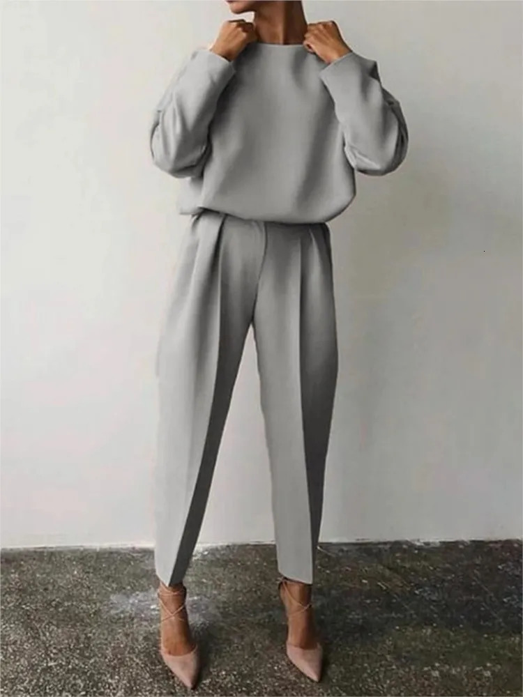 Solid Longsleeve Casual Twopiece Set For Women Loose O Neck Black Pants Suit Female Elegant Office Sets Autumn 241202Z