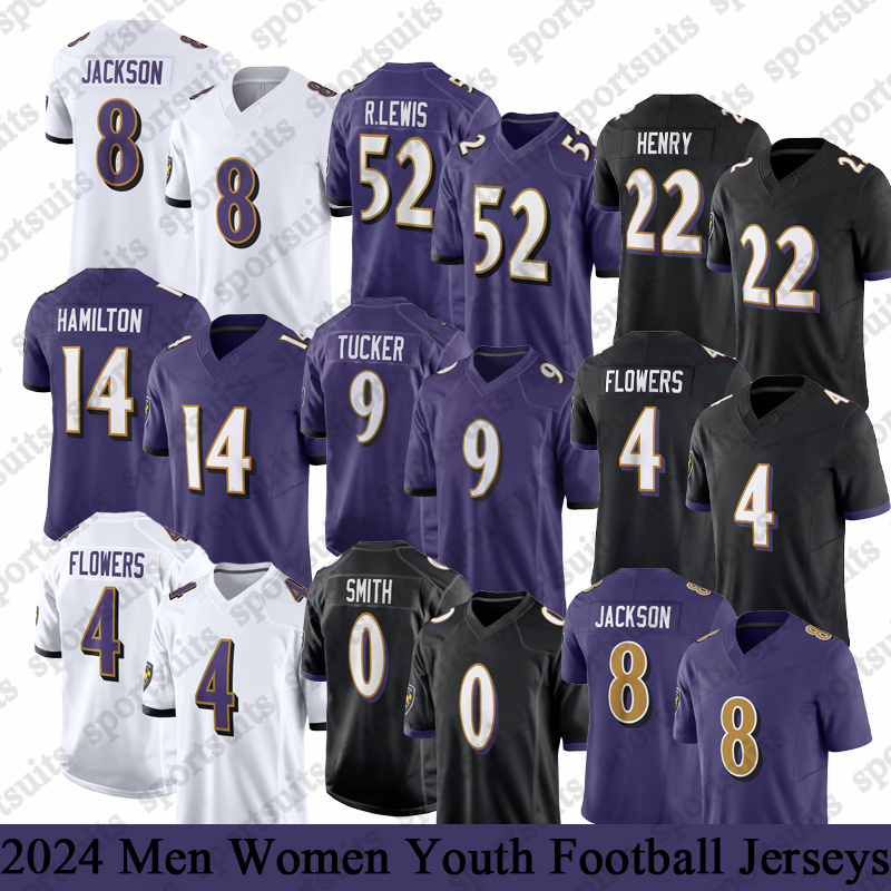 2024 22 Jersey de football Hernry Derrick Hernry 8 Lamar Jackcson 52 R.Lewis Mark Andrews Justitucker Roquan Smith Isaiah Jersey Men de la jeunes