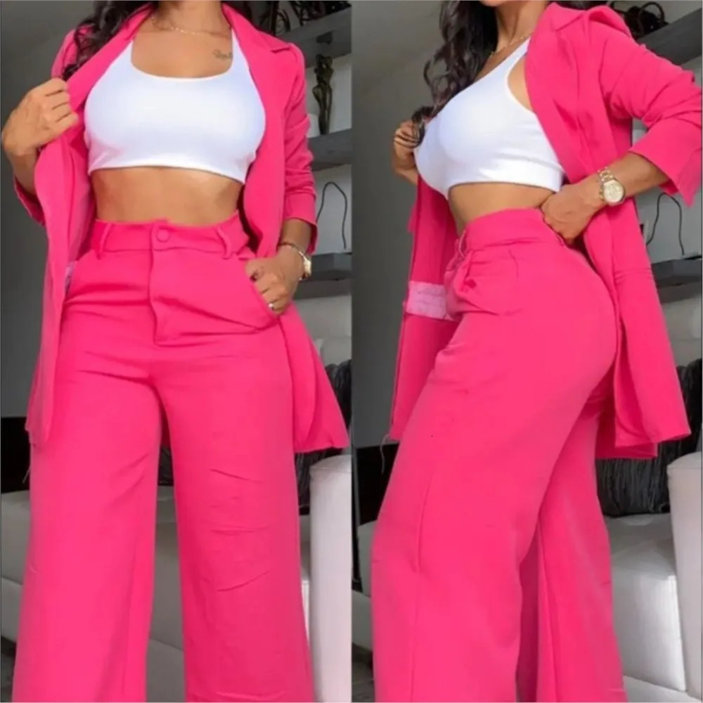 Womens Elegant Suits 2024 SpringAutumn Latest Notched Collar Blazer Long sleeved Coat Pocket Design Button Pants Set 241202Z