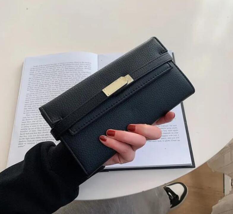 Fashion Luxury Womens Designer Wallets for Men Top Quality Metal Leather Buckle Clutch Bag Card Horders Ladies Coin Pocket Short Flap Wallet Blac-image-940937488