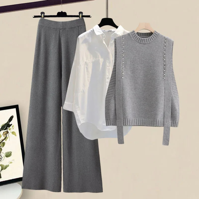 Autumn Winter Knitted 3 Pieces Set Office Ladies Elegant Vestwhite Shirtswide Leg Pants Sets For Women Clothing 2024 241202Z