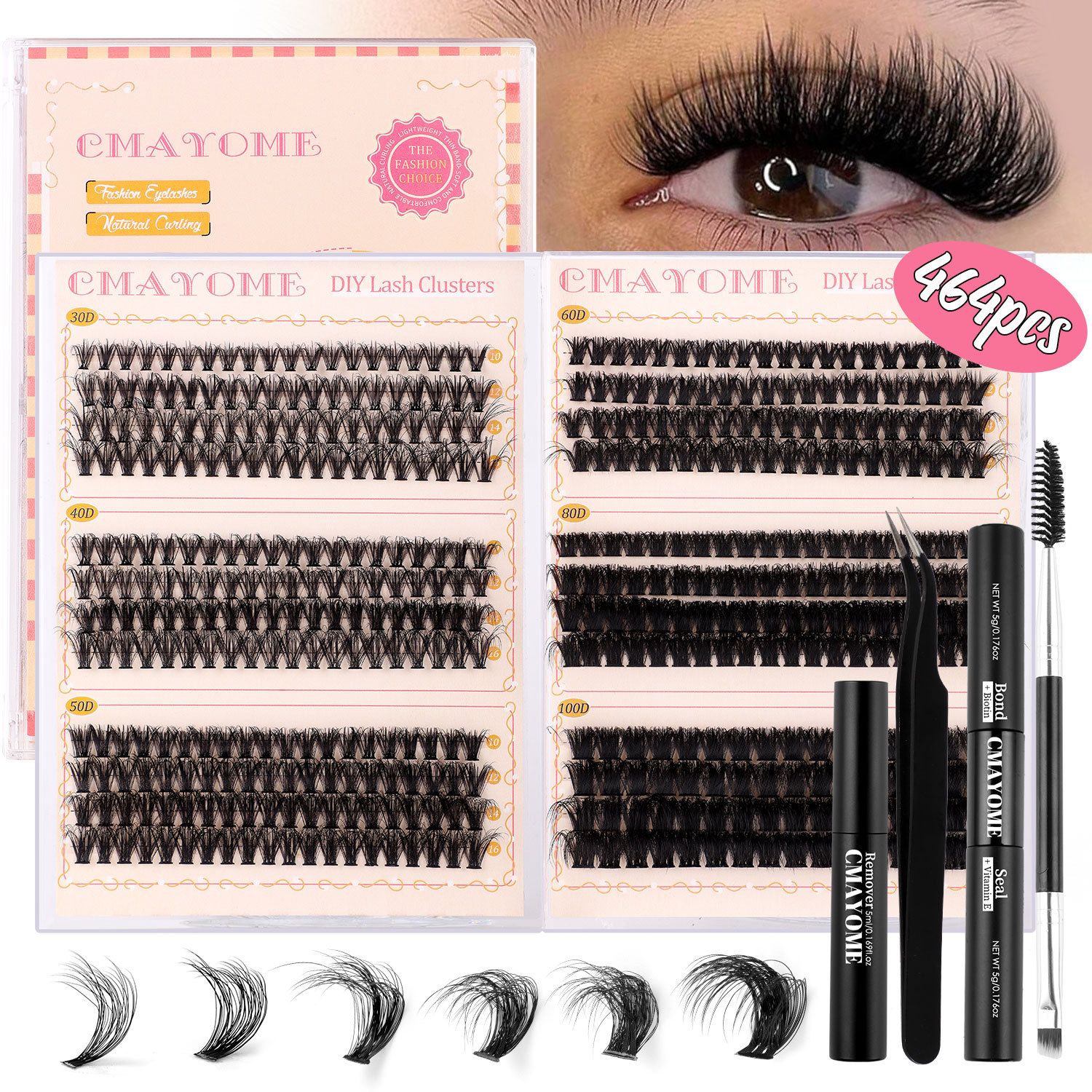 464Pcs Thick Fluffy Individual Eyelashes D Curled DIY Cluster Lashes Kit with Lash Bond & Seal Handmade Reusable DIY Segmented Eyelash Extensions-image-1036450410