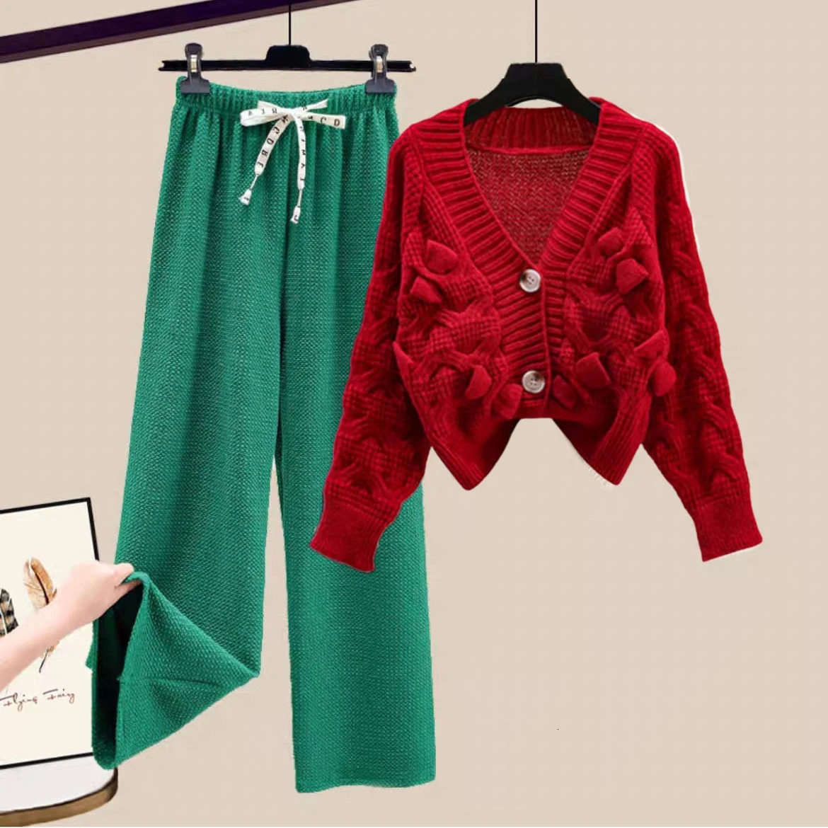 Vintage Solid Wide Leg Pant Set Casual Red Sweater Cardigan Womens 2 Piece Outfit Matching Knit Long Sleeve Top Trousers 241202Z