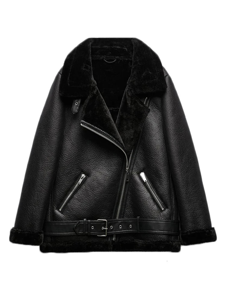 Ly Varey Lin Winter Faux Lamb Leather Jacket Women Lambs Wool Fur Collar Pu Moto Zipper Warm Thick Outerwear 241202Z