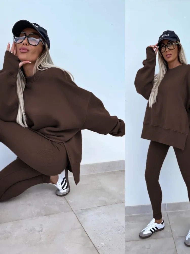 2024 Spring Autumn Womens Tight Pants Loose Slit Hoodie Set Casual Comfortable Twopiece 241202Z