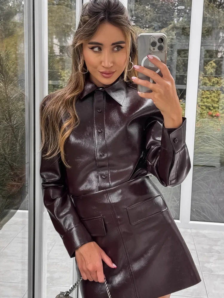 Fashion Women Leather Jacket Skirt Suit Elegant O necklapel Single Breasted Female Coat High Waist Mini Skirts Ladies Sets 241205 73
