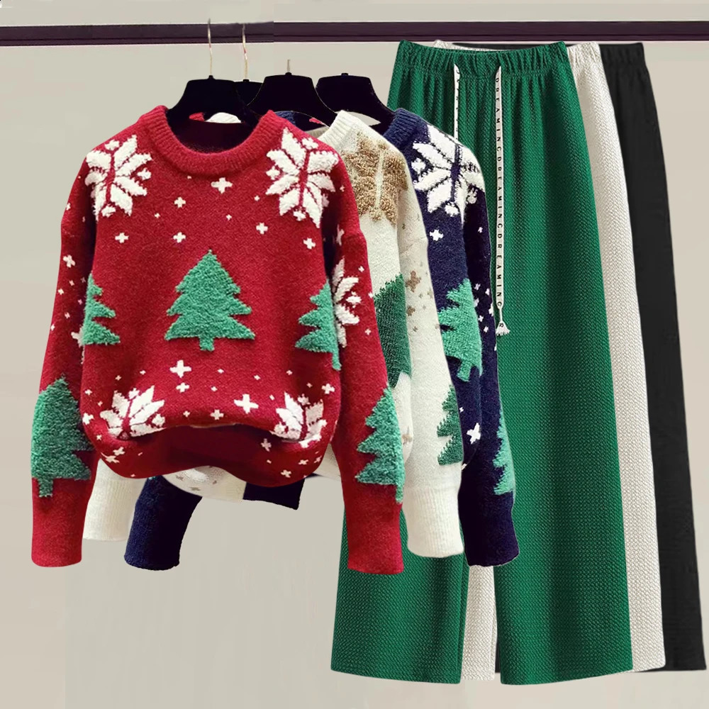 Two Pieces Set Christmas Elegant Womens Sets Sweater Youthful woman Clothes Long Sleeve Tops Sweatshirts Knitwear Pants 241202Z