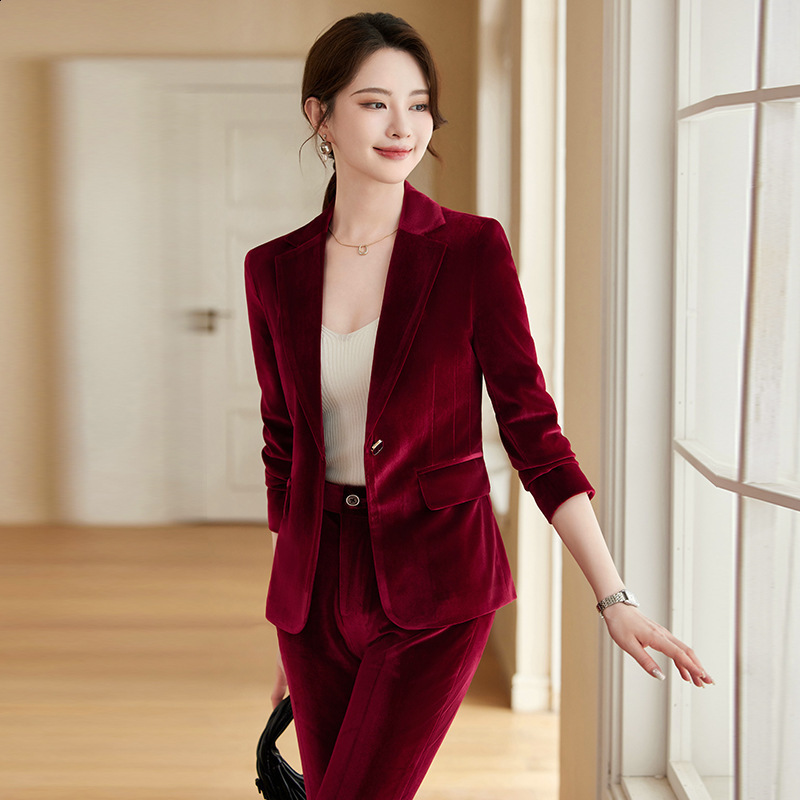 Fashionable high-end gold velvet suit jacket womens autumn and winter new slim fit Korean version temperament goddess style OL suit pants 200923