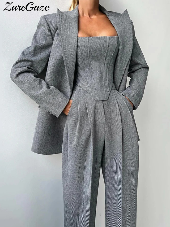 Casual Solid Womens Blazer Coats Pants 3 Pieces Sets Elegant Long Sleeve Coat Fishbone Top High Waist Wide Trousers Lady Suits 241202Z