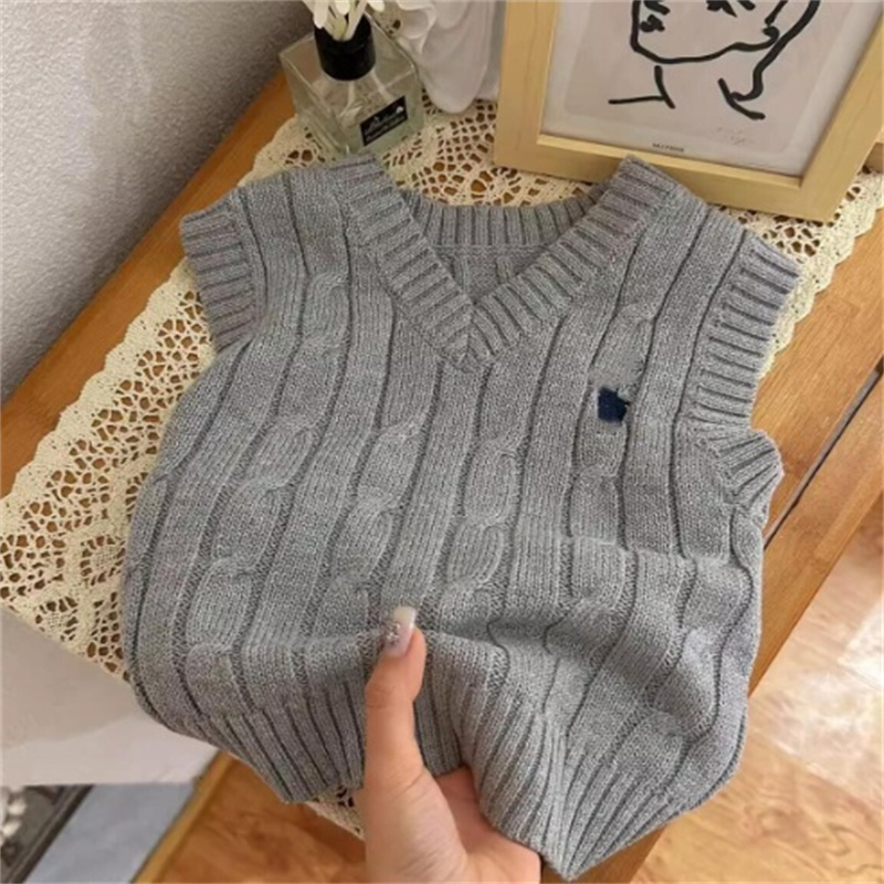 Designer Children Sweaters kids Sleeveless Vest Thick Needle Pullover V-Neck Knitting Sweater Tops Thread Trimming Baby Boys Waistcoat-image-1036696887