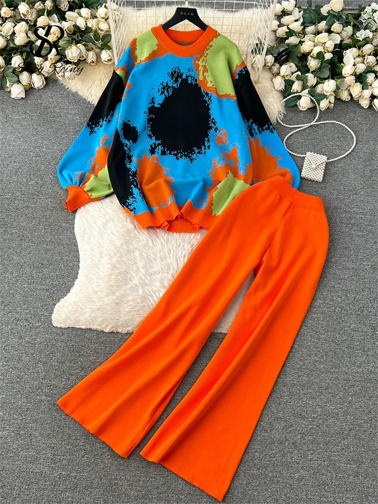 SINGREINY Winter Fashion Thick Sweater Suits 2024 Tiedye Loose PulloverElastic Long Pants Print Casual Knitted Two Pieces Sets 241202Z