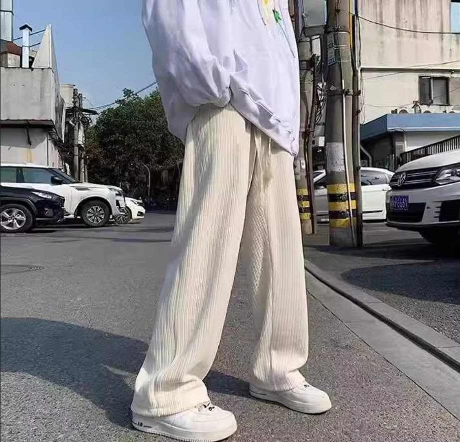 Solid color braided drawstring straight leg sweatpants boy trend plankton handsome fashion wide mop 241202Z