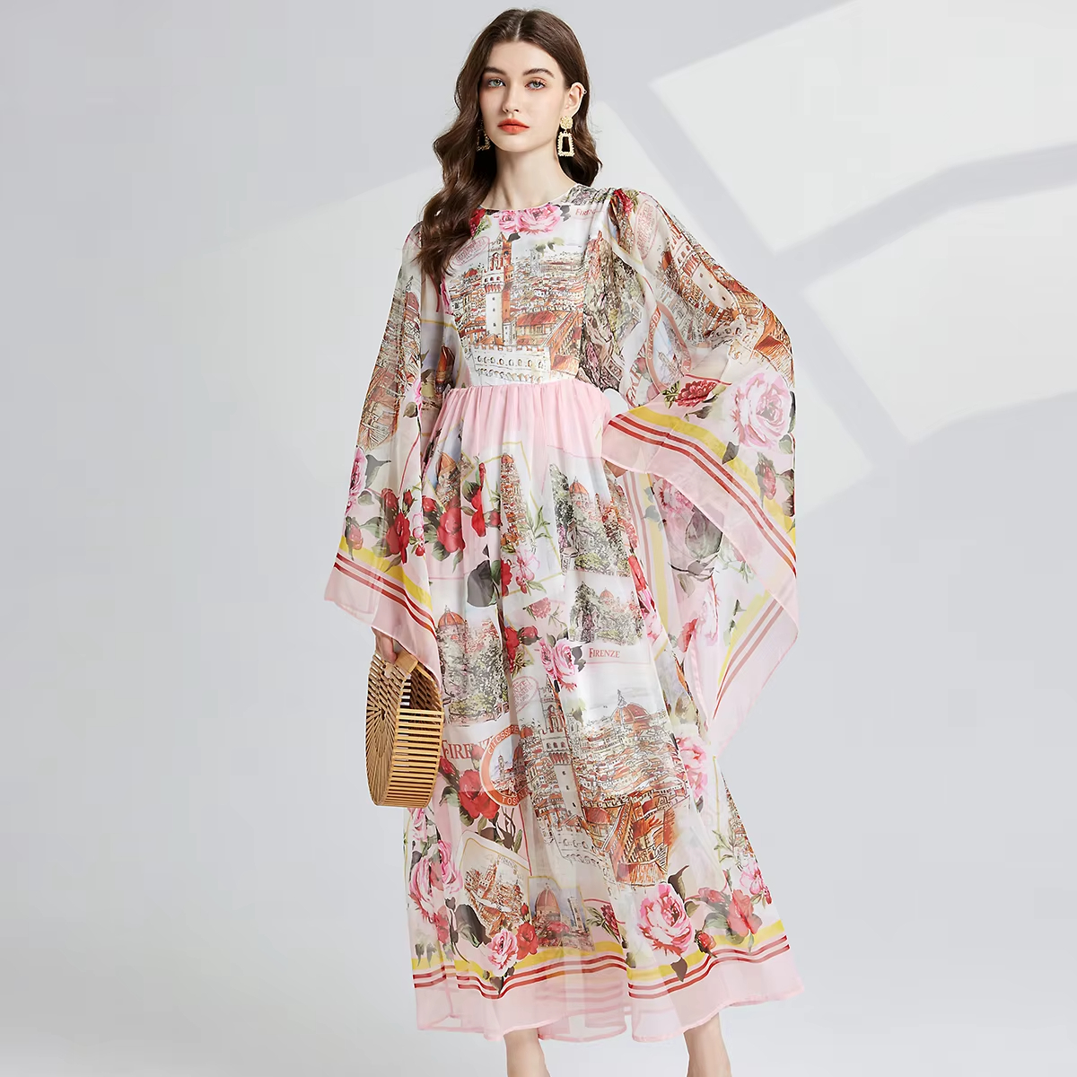 Casual Dresses Fashion Runway Chiffon Maxi Dress For Women Spring Summer Long Flare Sleeve Flower Printing Holiday Robe Vestido 2025