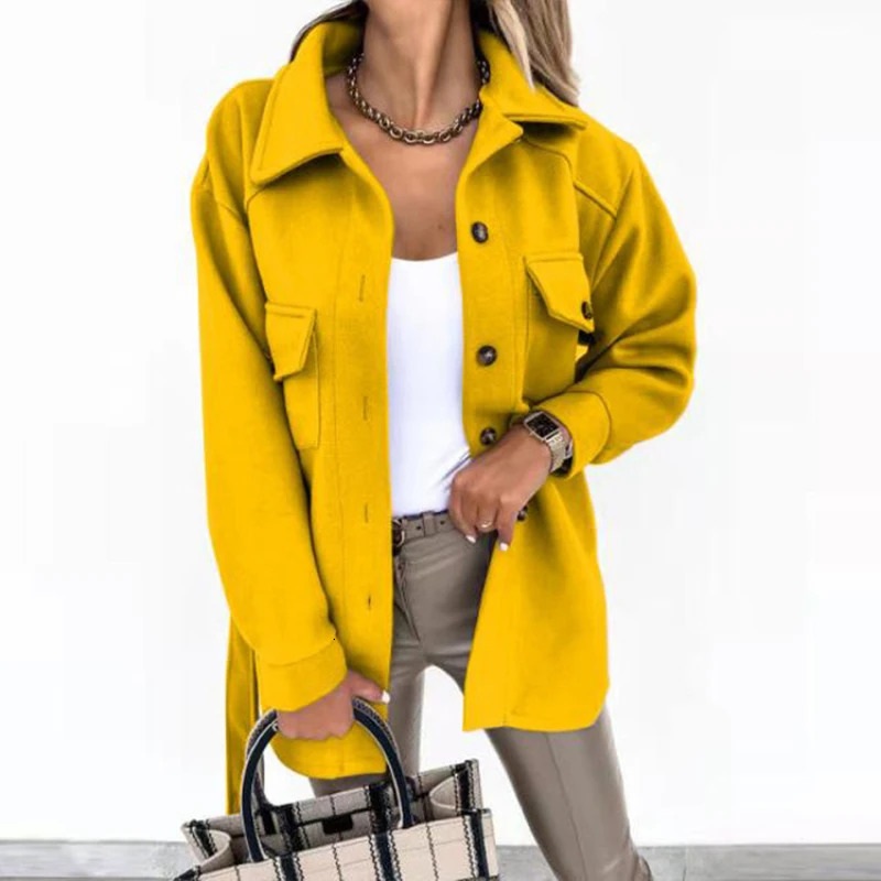 Womens Long Sleeved Temperament Solid Color Lapel Button Tied Woolen Coat 241203Z