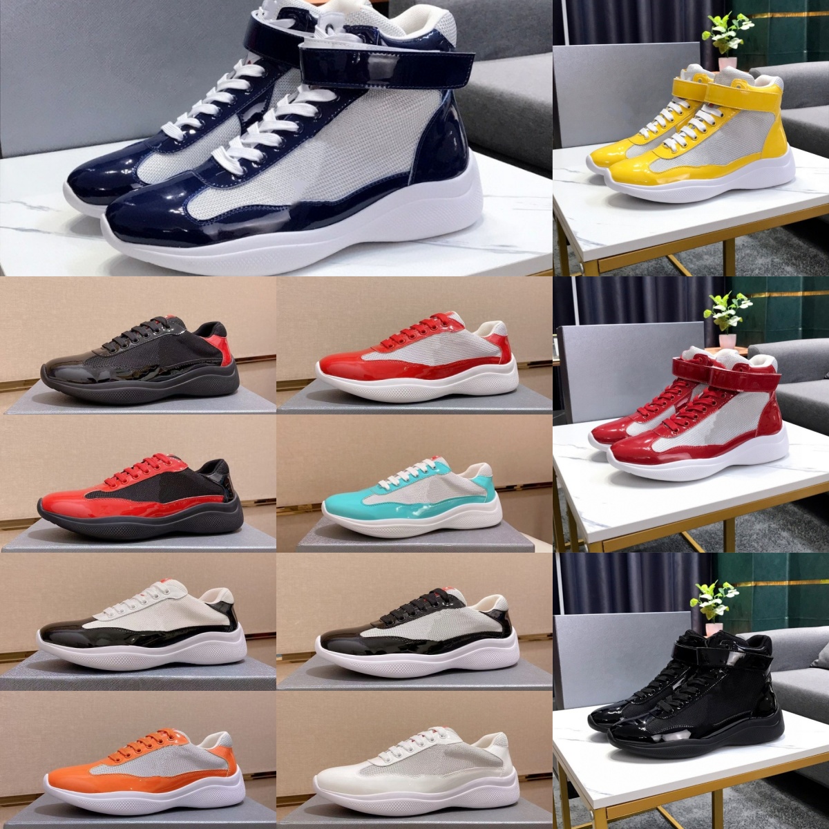 Sneakers designer Chaussures de créateurs Classic Fashion Mens Trainers Femme Chaussures Luxury America Cup Patent Cuir Mesh Nylon Black Orange C