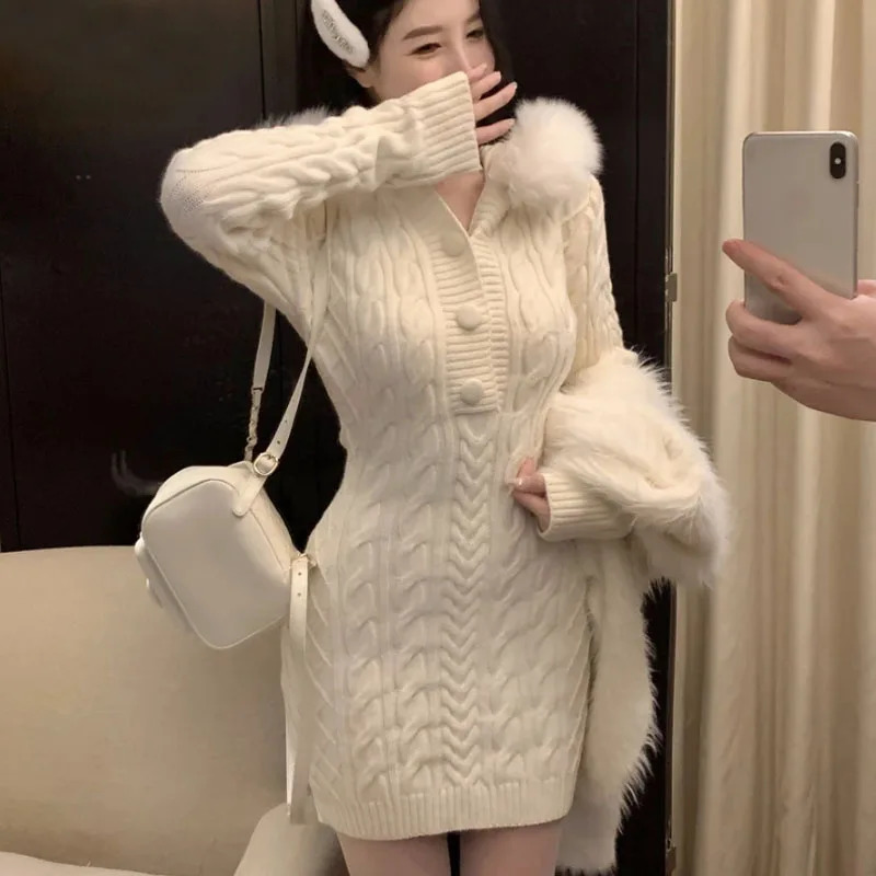 Autumn and Winter Elegant Womens Sweater Christmas Red Ultra Thin Fur Patch Work Hat Knitted Dress Womens Knitted Hoodie 241205