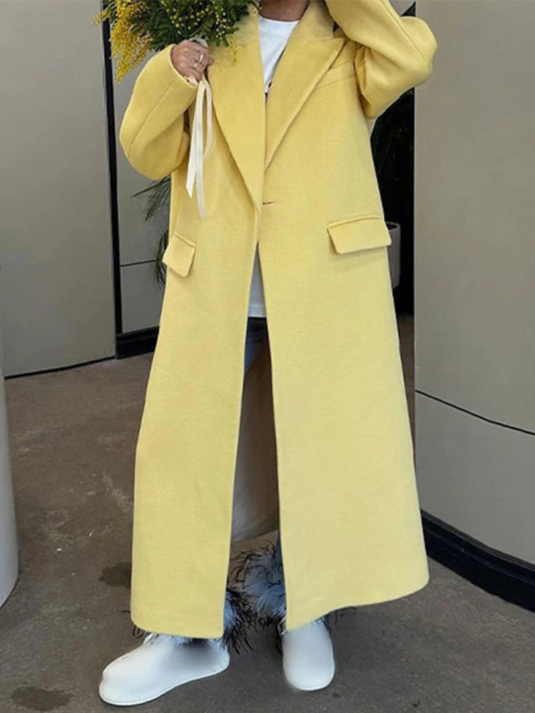 Fashion Solid Color Long Womens Coat Turndown Collar Simple Vintage Elegant Coats Autumn Winter Windproof Ladies Outerwears 241203Z