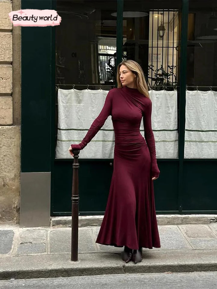 Elegant solid turtle neck ultra-thin dress suitable for womens fashion fashionable pleated long sleeved dress autumn winter womens high street dress