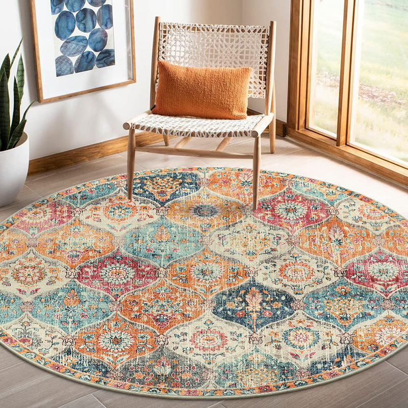 Circular living room carpet floor, ethnic style balcony TPR washed floor mat, wardrobe anti slip floor mat-image-1036879560