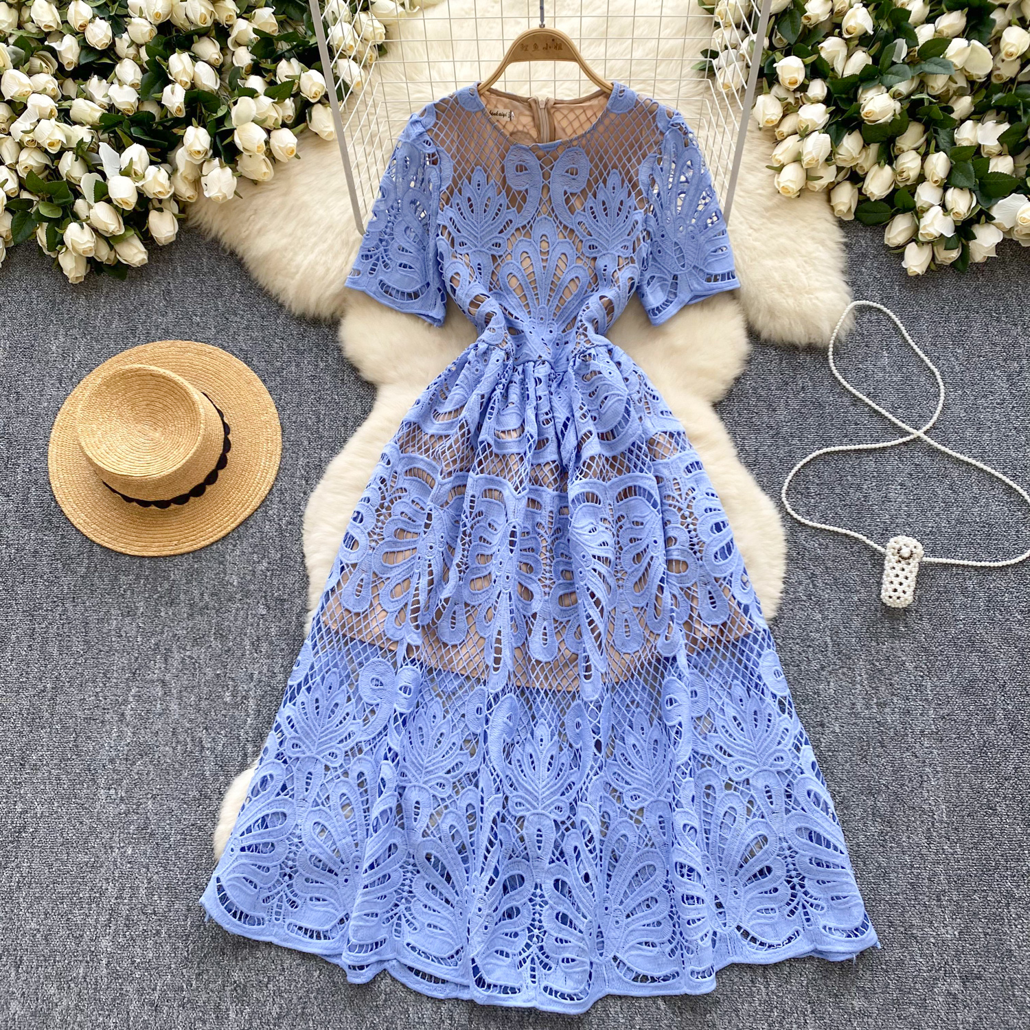 Robes décontractées à crochet français en dentelle de fleur broderie creux en robe longue robe femme couche à manches courtes couleurs solides sl