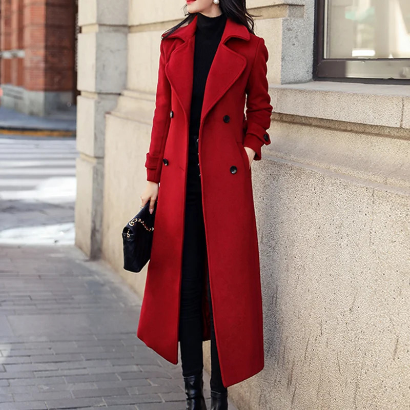 Winter Womens Coat Woolen Long Trench Outerwears Doublebreasted Coats Belt Lapel Warm Streetwear Temperament Tops Jacket S3XL 241203Z