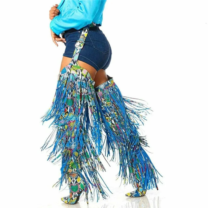 Fashion edge shoulder straps Chaps Over The Knee snake skin boots for women Pointed Toe Thigh long tassel high heels 241206