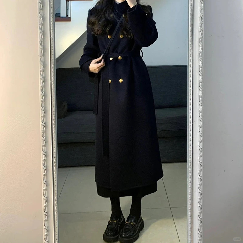 Fall Winter Tweed Coat Women DoubleBreasted Fashion Elegant Stand Collar Belt MidLong Slim Jacket Hepburn Pretty Style Outwear 241203Z