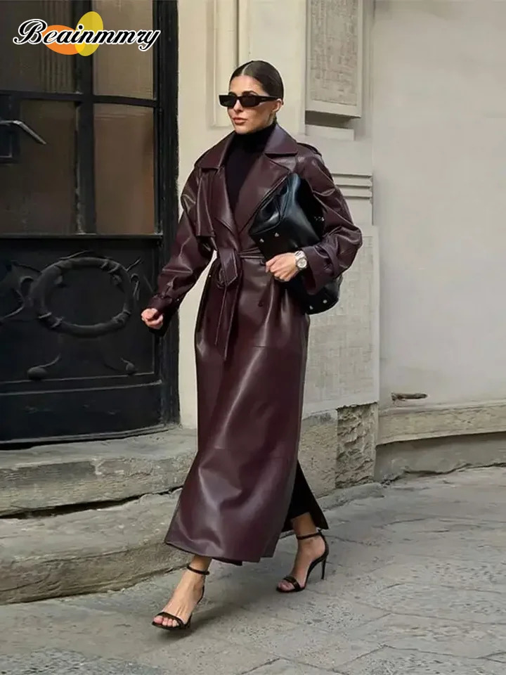 Burgundy Pocket Belt Pu Leather Long Coat For Women Lapel Double Breasted Full Sleeve Overcoat Winter Lady High Street Outerwear 241202Z